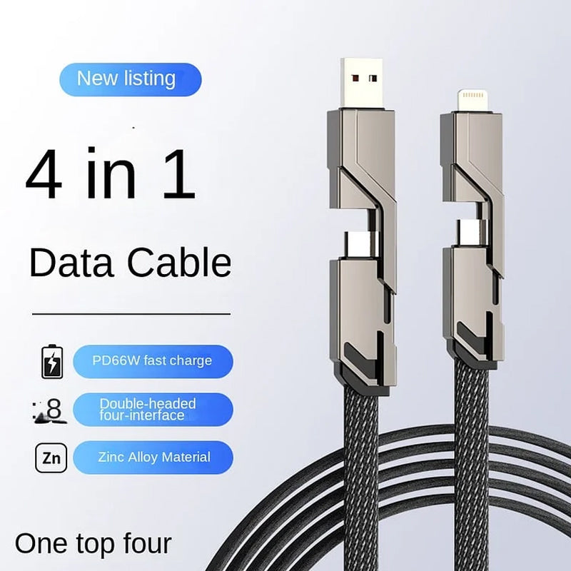 4-in-1 Flat Braided Anti-tangle Charger Cable with Velcro