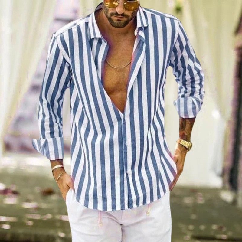 Spring Summer Men's Cotton Linen Striped Button Shirt